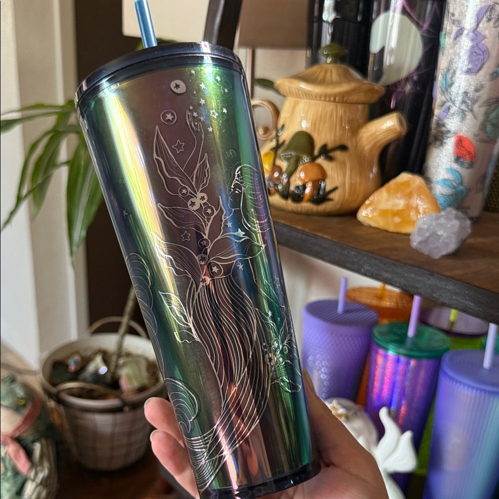Starbucks Holiday Navy Blue Iridescent Mermaid Tumbler with Straw